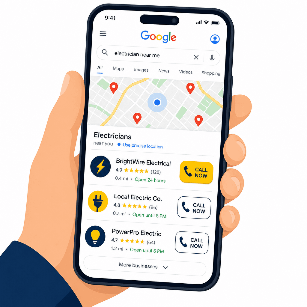Customer finding and calling a local electrician through Google Maps search