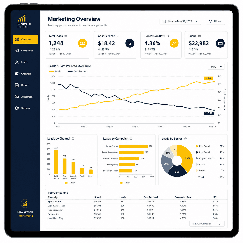 Marketing dashboard showing more leads at a lower cost per lead