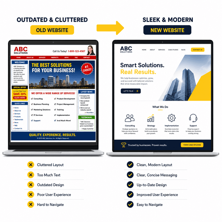 Comparison of an outdated website versus a sleek, modern redesigned website