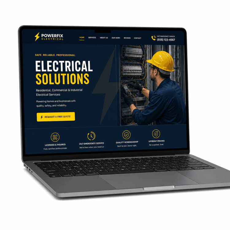 Professional, modern electrical business website shown on a laptop